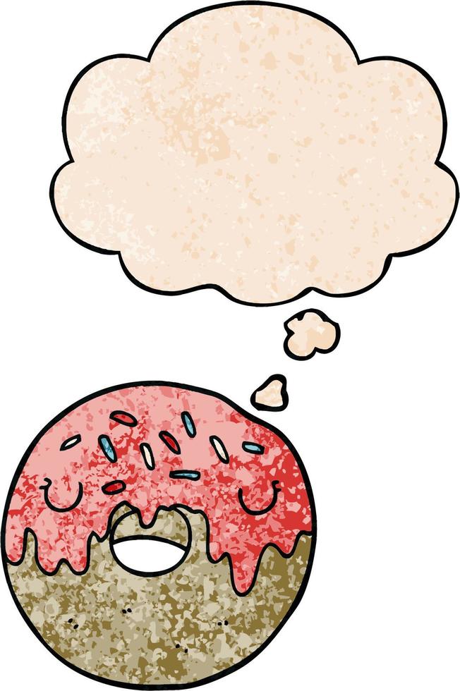 donut de dibujos animados y burbuja de pensamiento en estilo de patrón de textura grunge vector