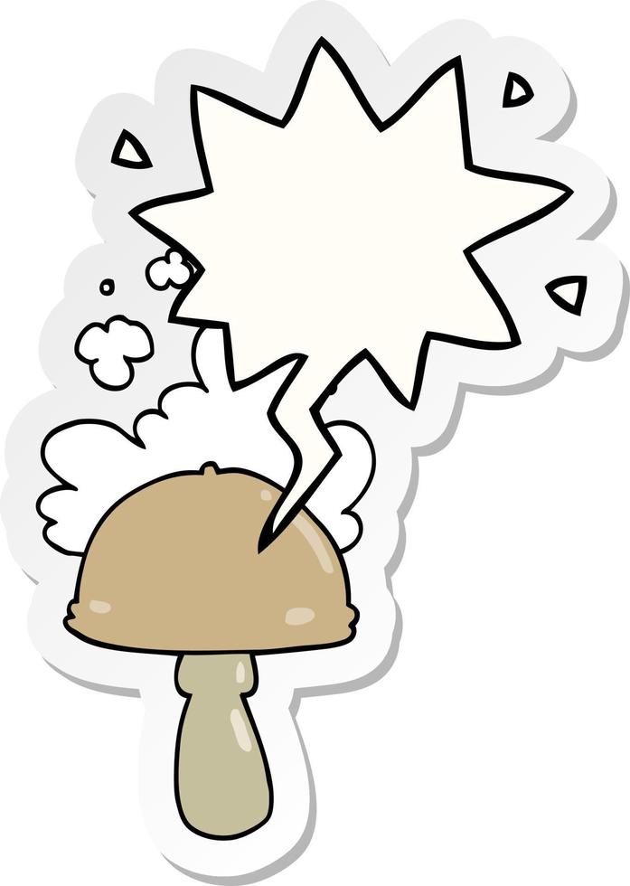 cartoon mushroom and spore cloud and speech bubble sticker vector