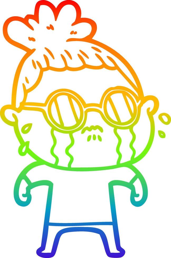 dibujo de la línea de gradiente del arco iris mujer llorando de dibujos animados con gafas vector