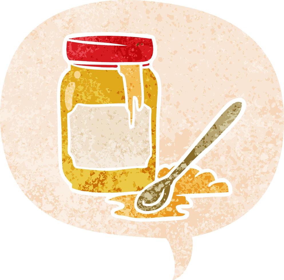 cartoon jar of honey and speech bubble in retro textured style vector