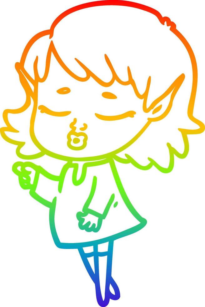rainbow gradient line drawing pretty cartoon elf girl vector