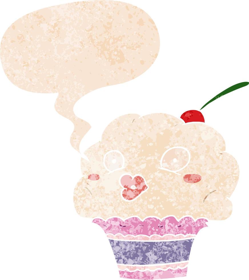 cupcake de dibujos animados y burbuja del habla en estilo retro texturizado vector