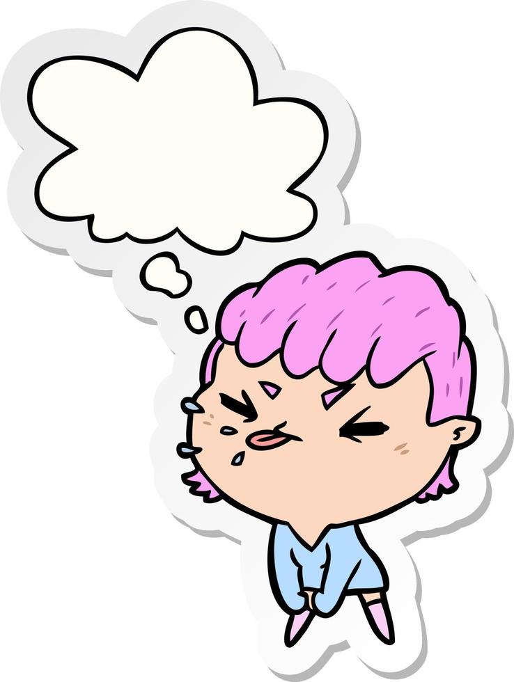 cartoon rude girl and thought bubble as a printed sticker vector
