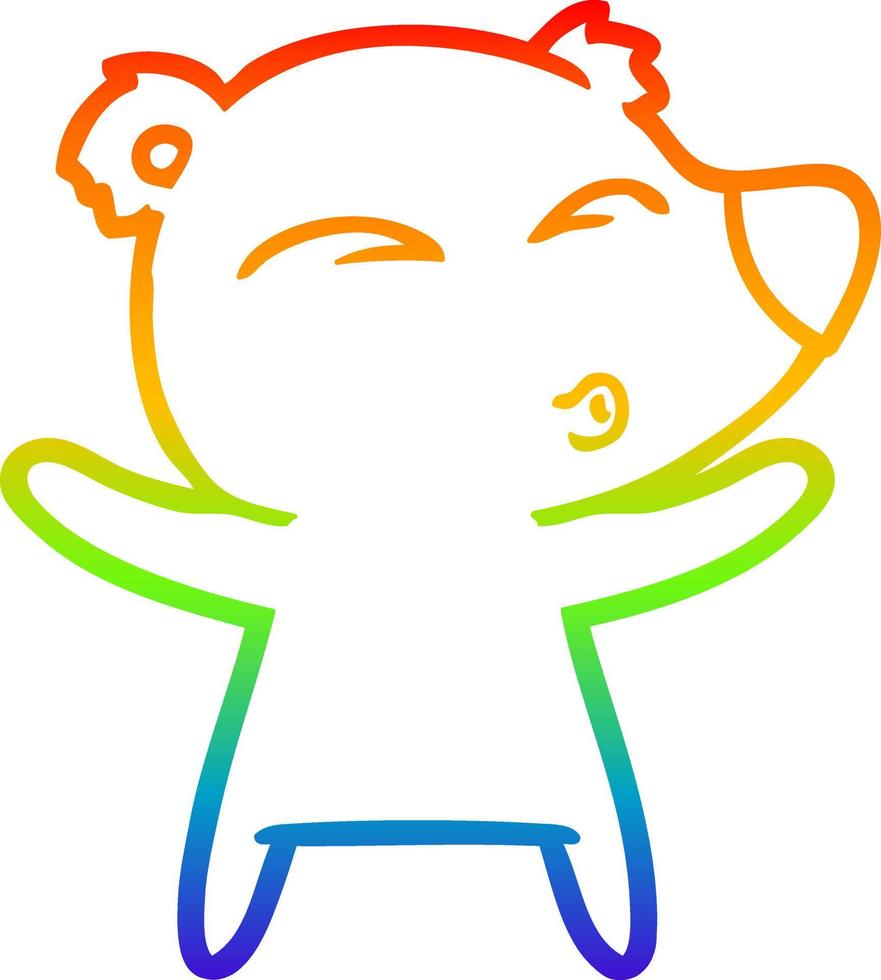 rainbow gradient line drawing cartoon whistling bear with open arms vector