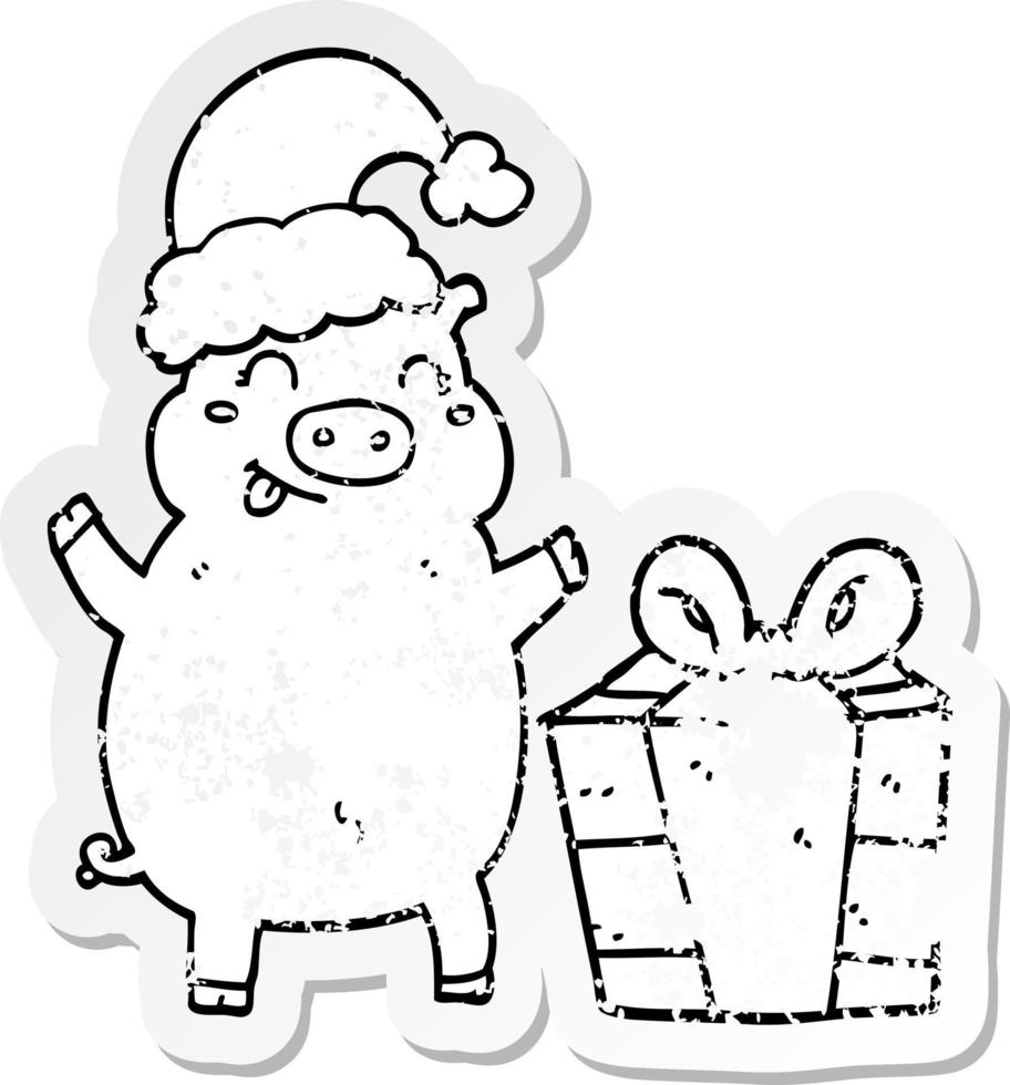 distressed sticker of a cartoon happy christmas pig vector