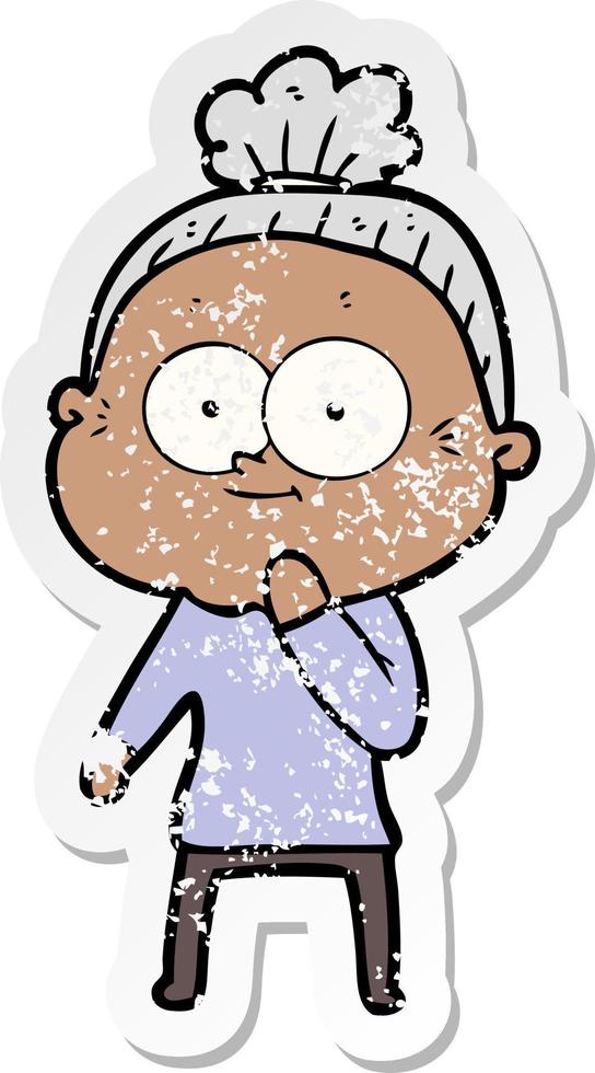 distressed sticker of a cartoon happy old woman vector