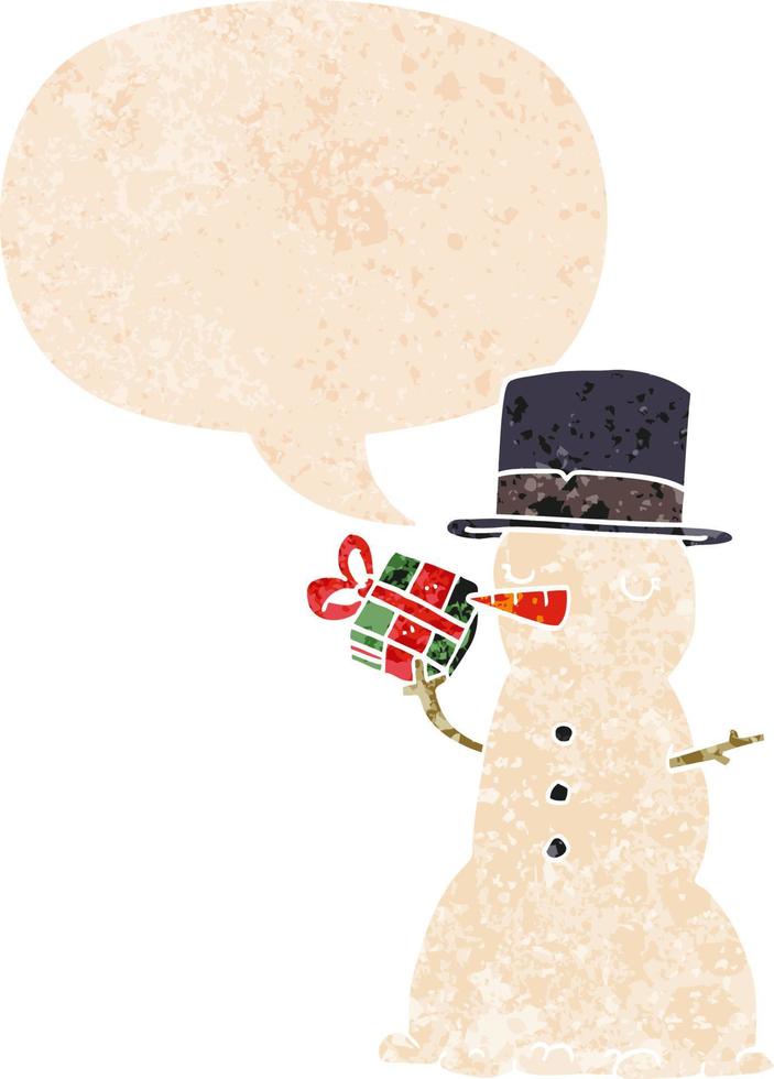 cartoon snowman and speech bubble in retro textured style vector