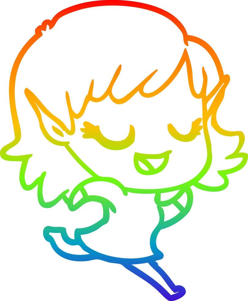 rainbow gradient line drawing happy cartoon elf girl running vector