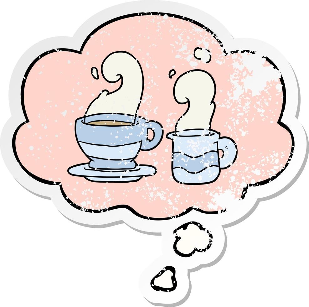 cartoon cup of coffee and thought bubble as a distressed worn sticker vector