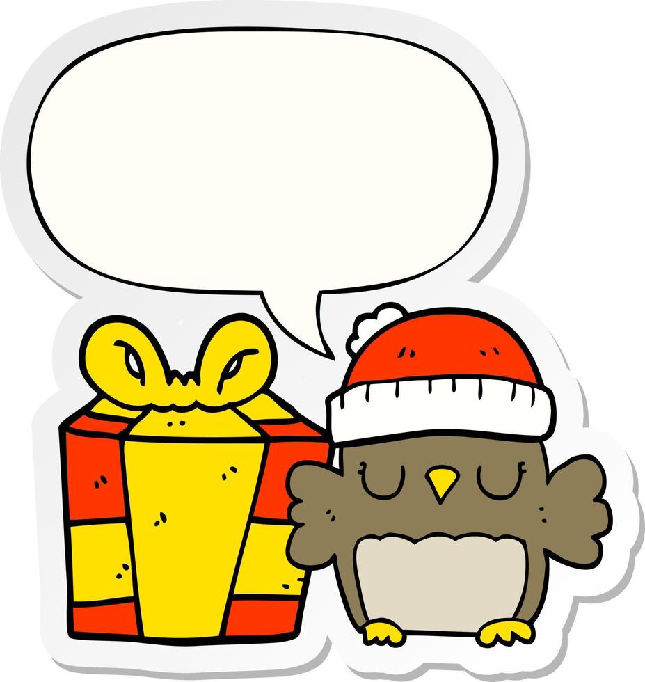 cute christmas owl and speech bubble sticker vector