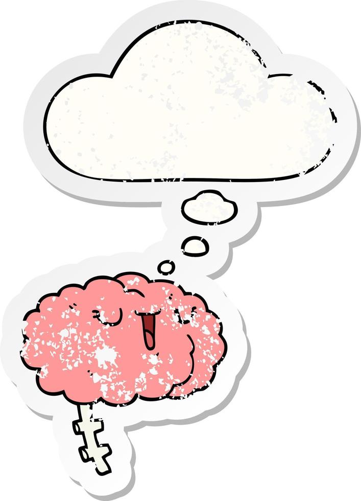 happy cartoon brain and thought bubble as a distressed worn sticker vector