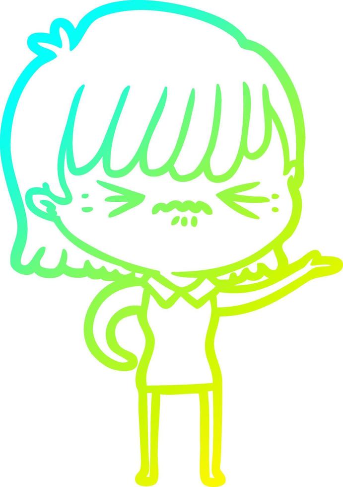 cold gradient line drawing annoyed cartoon girl vector