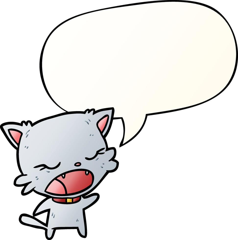 lindo gato de dibujos animados hablando y burbuja de habla en estilo degradado suave vector
