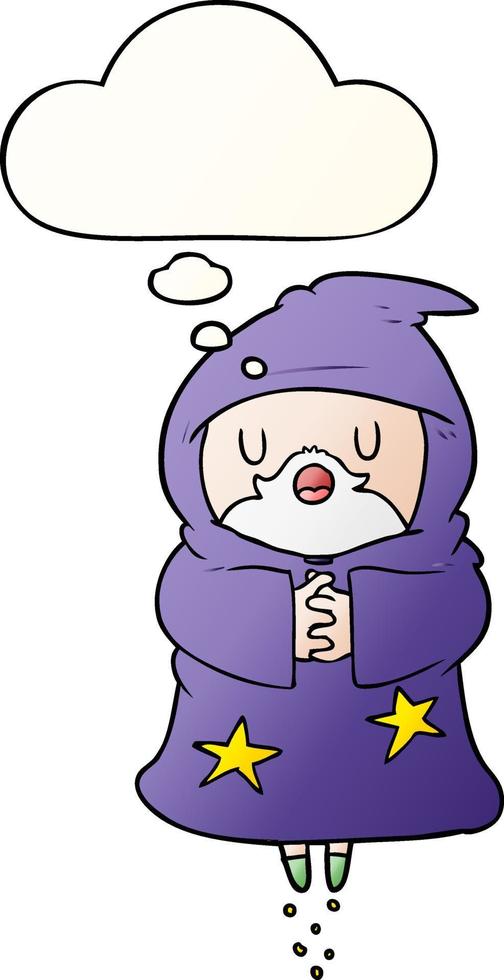 cartoon floating wizard and thought bubble in smooth gradient style vector