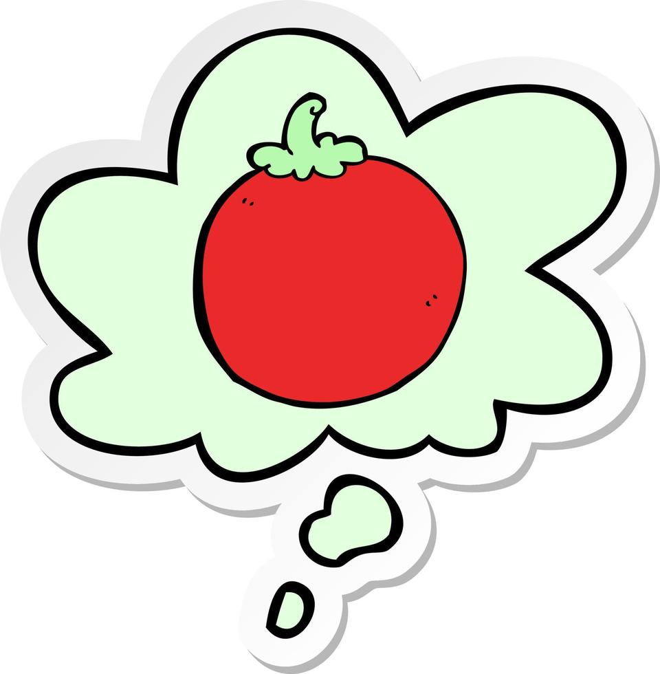 tomate de dibujos animados y burbuja de pensamiento como pegatina impresa vector