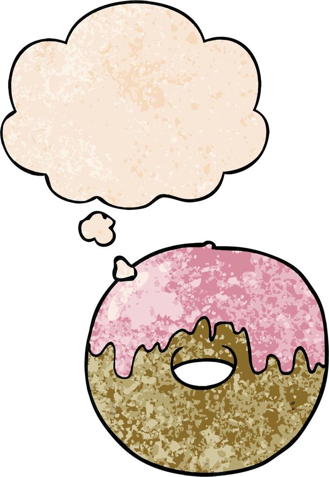 donut de dibujos animados y burbuja de pensamiento en estilo de patrón de textura grunge vector