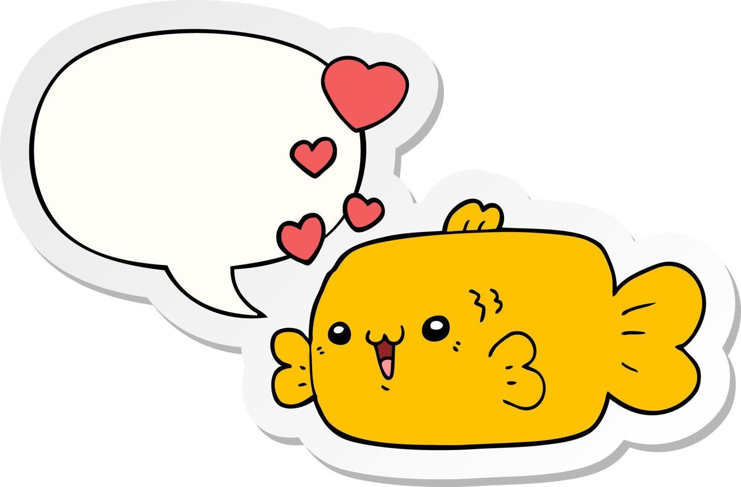 cute cartoon fish and love hearts and speech bubble sticker vector