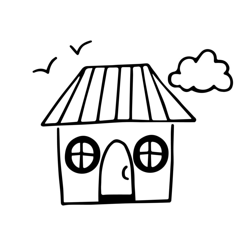 Beach house line drawing isolated. A small house with round windows and a door. Cute doodles. Hand drawn vector illustration in cartoon style.