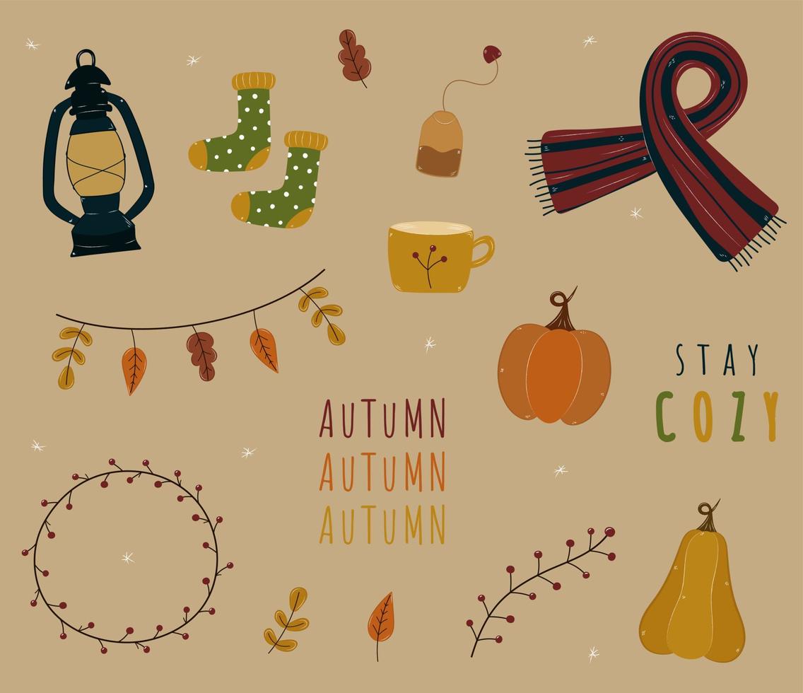 Autumn set of hand drawn cozy elements. Isolated doodle stickers of pumpkins, scarf, seasonal leaves, socks. Vector illustration of thanksgiving day, halloween.