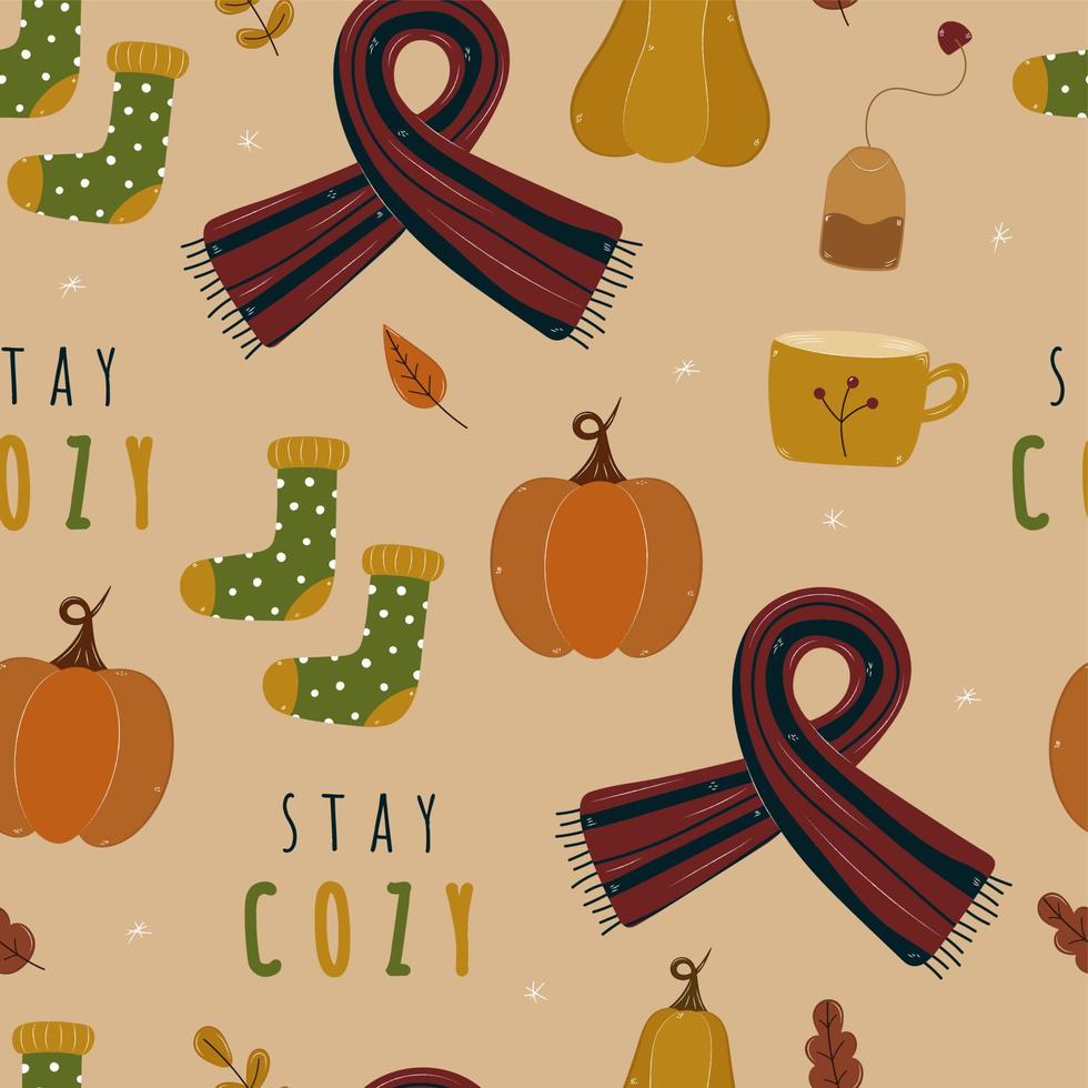 Cozy autumn seamless pattern with pumpkins, scarves, socks, seasonal leaves. Thanksgiving hand drawn textile print. Vector stay cozy background