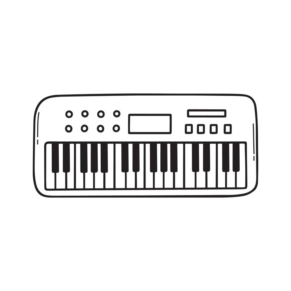 Hand drawn synthesizer doodle. Musical keyboard, musical instrument in sketch style. Vector illustration isolated on white background