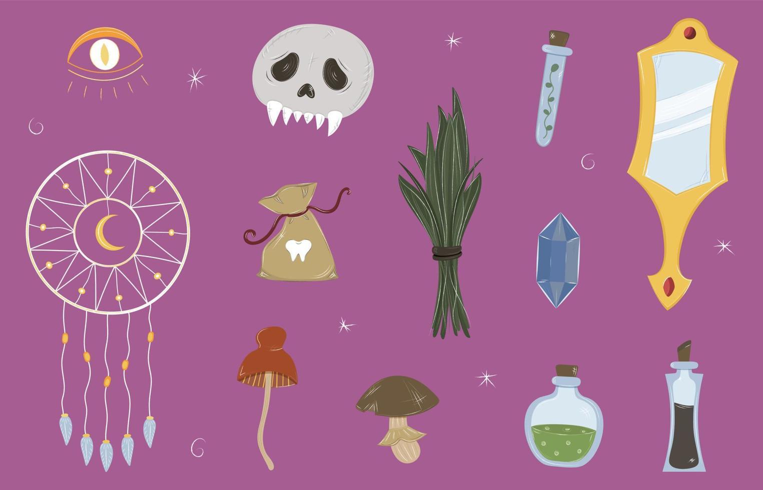Witchcraft isolated stickers set. Halloween doodle clip art hand drawn skull, mirror, mushrooms, potions, dream catcher. Vector magic witch illustration