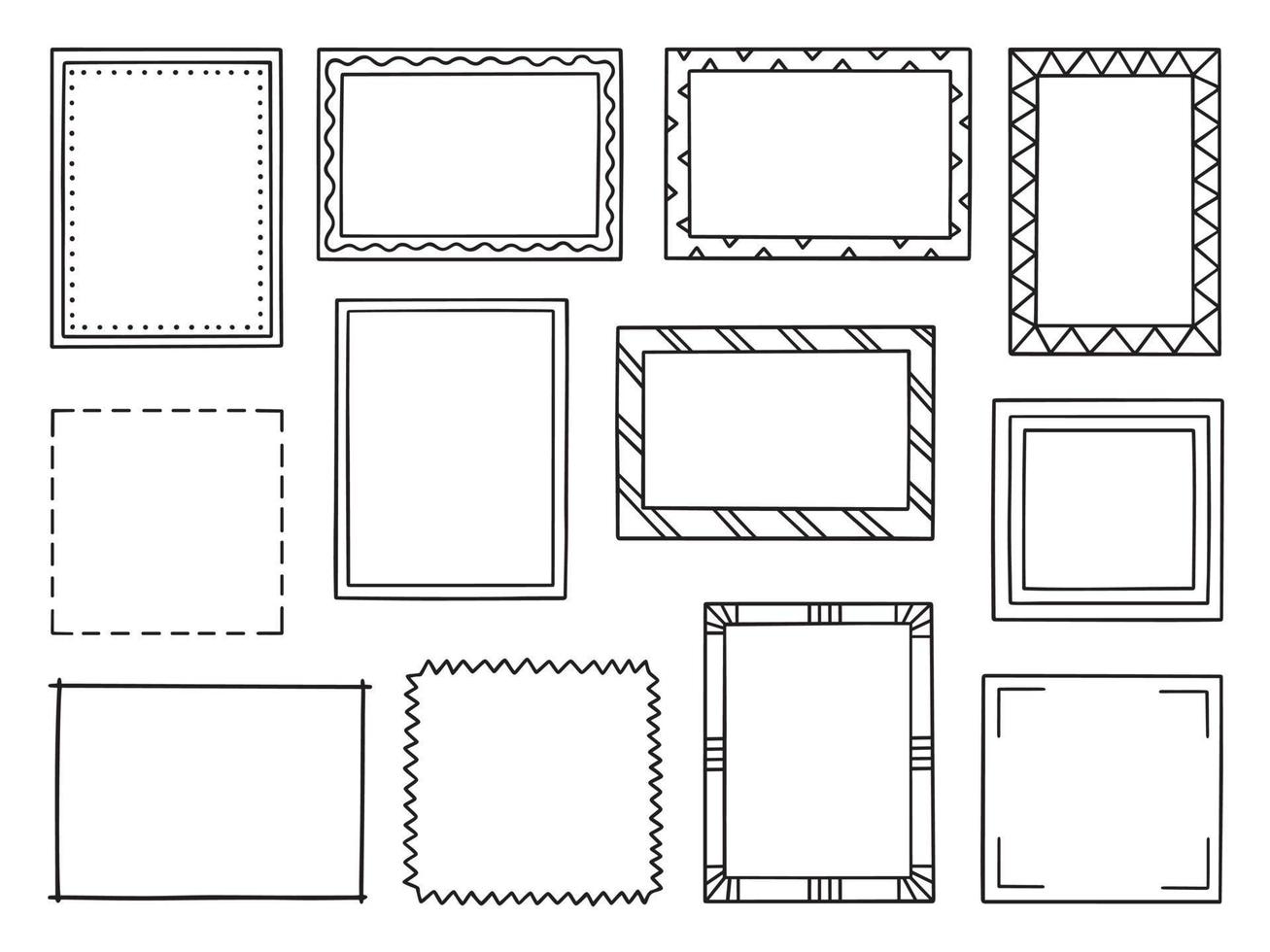 Hand drawn frame doodle. Square and rectangular Borders in sketch style. Vector illustration isolated on white background.