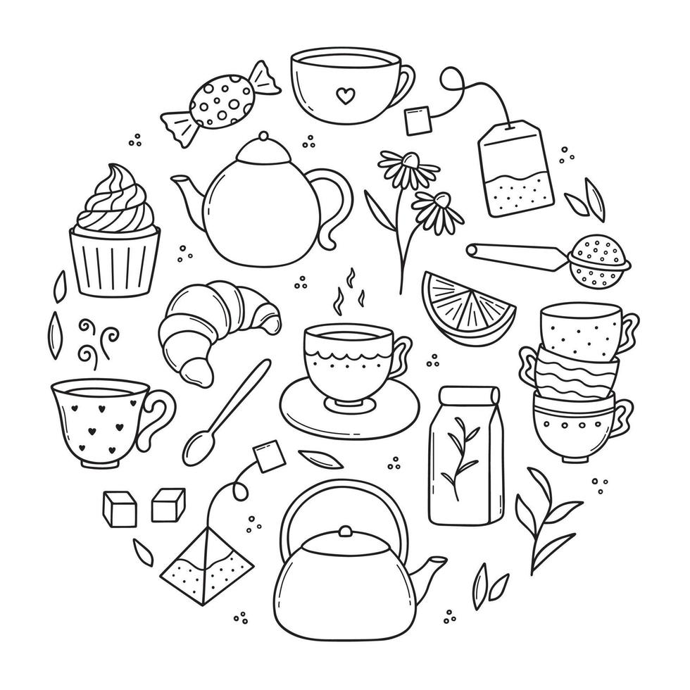 Hand drawn set of Tea time doodle icons. Teapots, cups and sweets in sketch style. Vector illustration isolated on white background