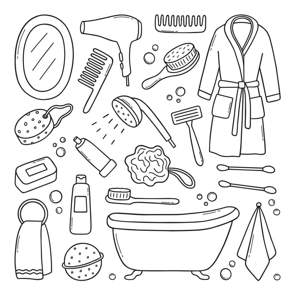 Hand drawn set of Bathroom doodle. Towel, bathrobe, shower, mirror in sketch style. Vector illustration isolated on white background.