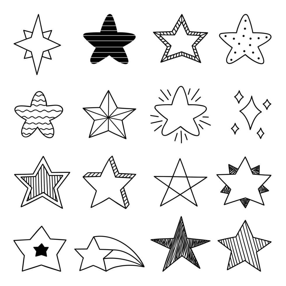 Hand drawn set of stars doodle. Vector illustration isolated on white background