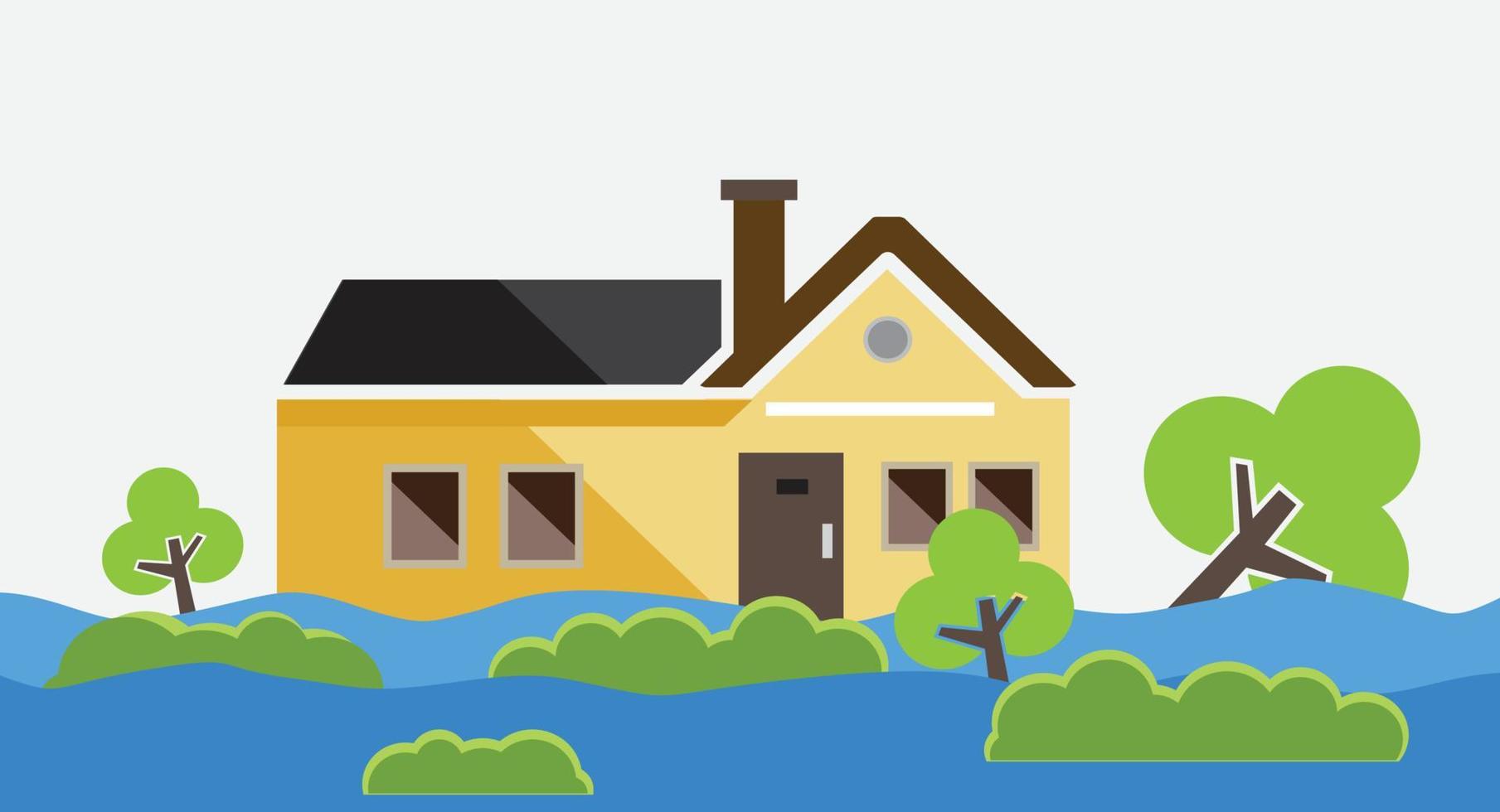 Flood natural disaster with house, heavy rain and storm , damage with home, clouds and rain, flooding water in city, Flooded house. vector