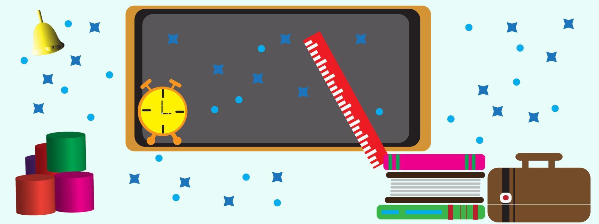Back to school light blue background with alarm clock, book and ruler icons. vector