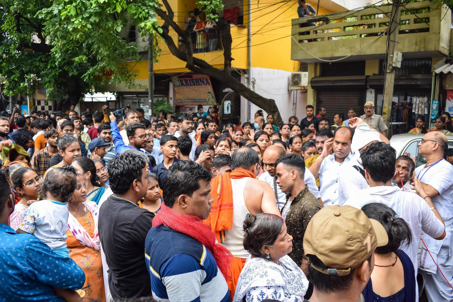 New Delhi, India July 01 2022 - A huge gathering of devotees from different parts of Delhi on the occasion of ratha yatra or rathyatra. Rath for Lord Jagannath pulled by people, Jagannath Rath Yatra photo