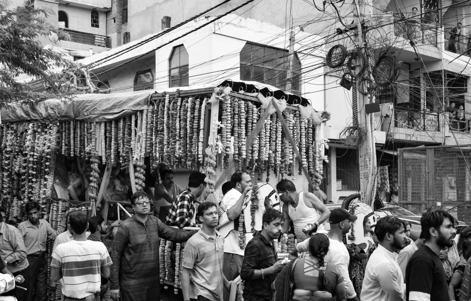 New Delhi, India July 01 2022 - A huge gathering of devotees from different parts of Delhi on the occasion of ratha yatra or rathyatra. Rath for Lord Jagannath pulled by people, Jagannath Rath Yatra photo