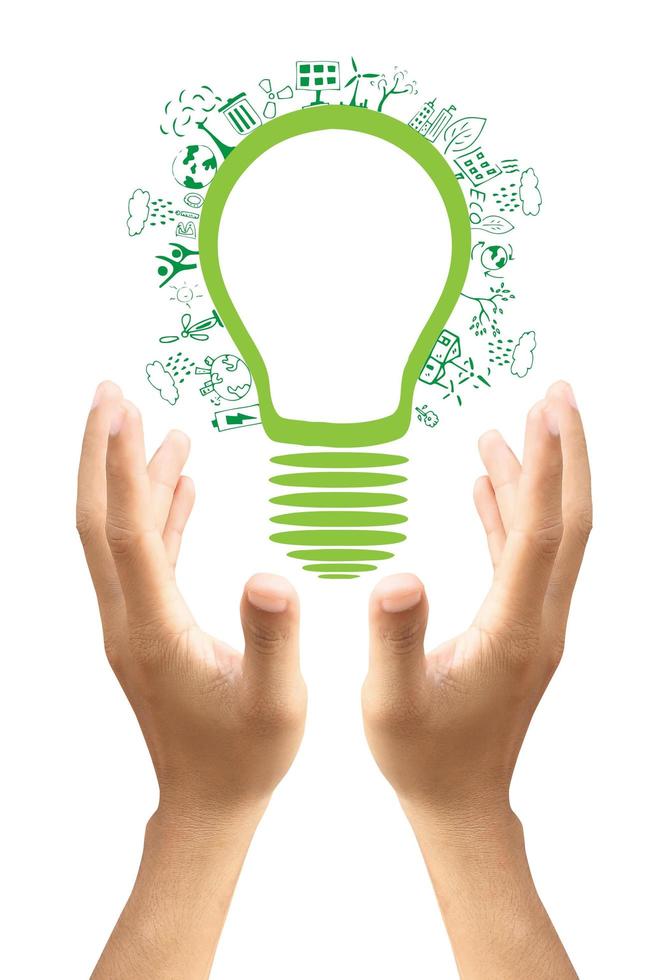 Hands holding green ecology light bulb photo