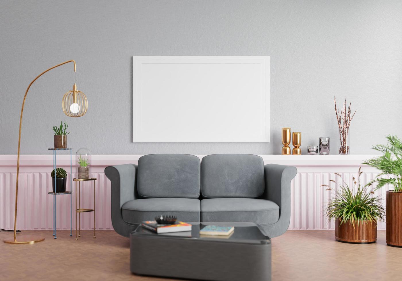 minimal interior style poster Mock up the living room wall. .copy space. 3D rendering. photo