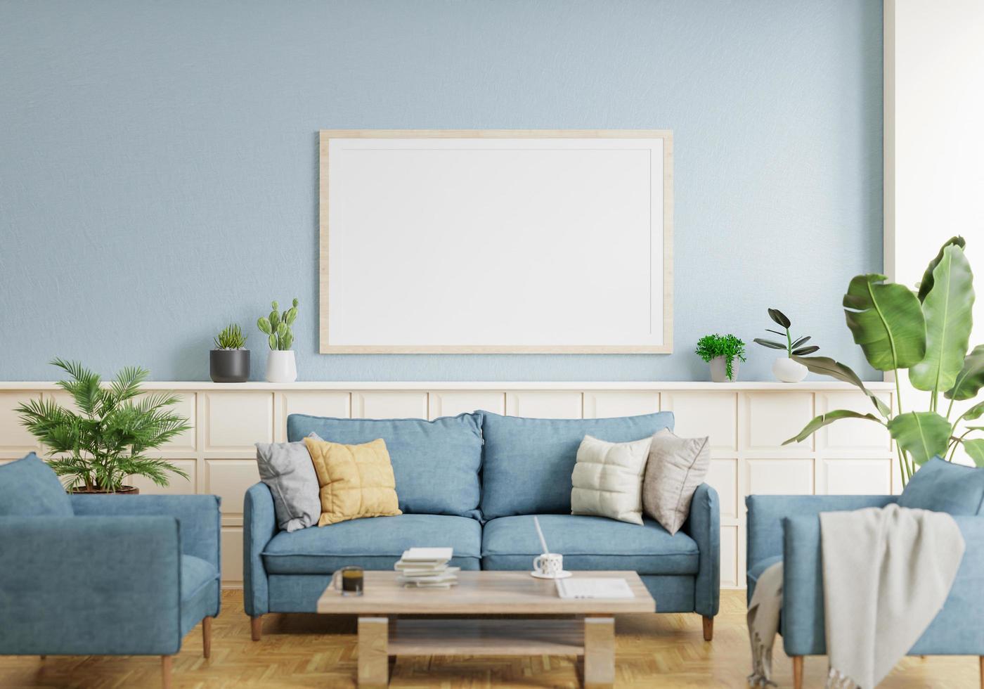 minimal interior style poster Mock up the living room wall. .copy space. 3D rendering. photo