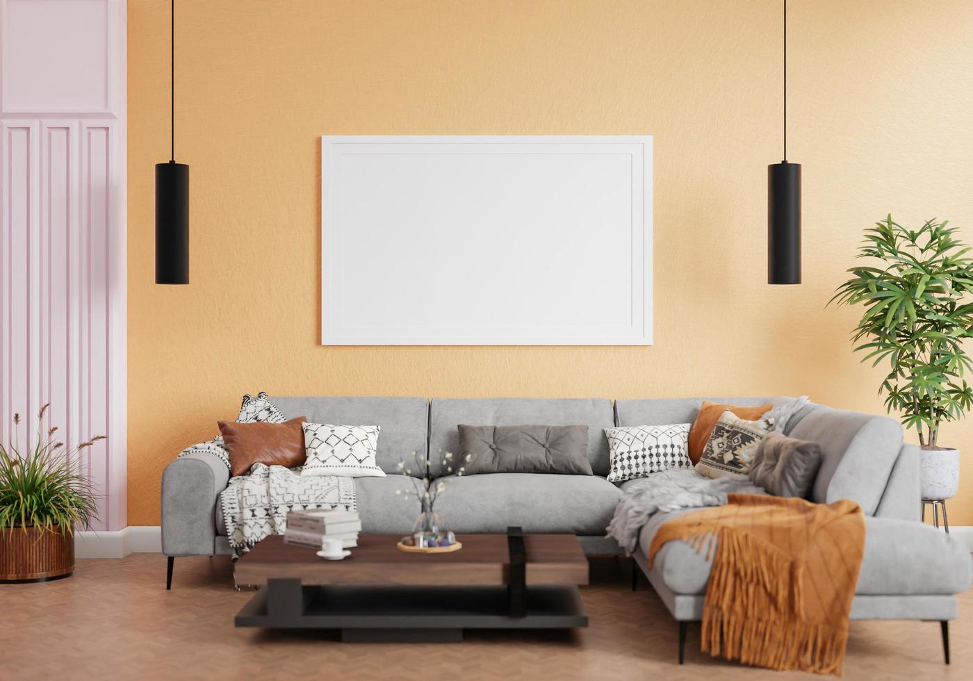 minimal interior style poster Mock up the living room wall. .copy space. 3D rendering. photo