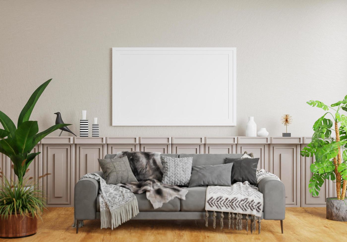 minimal interior style poster Mock up the living room wall. .copy space. 3D rendering. photo