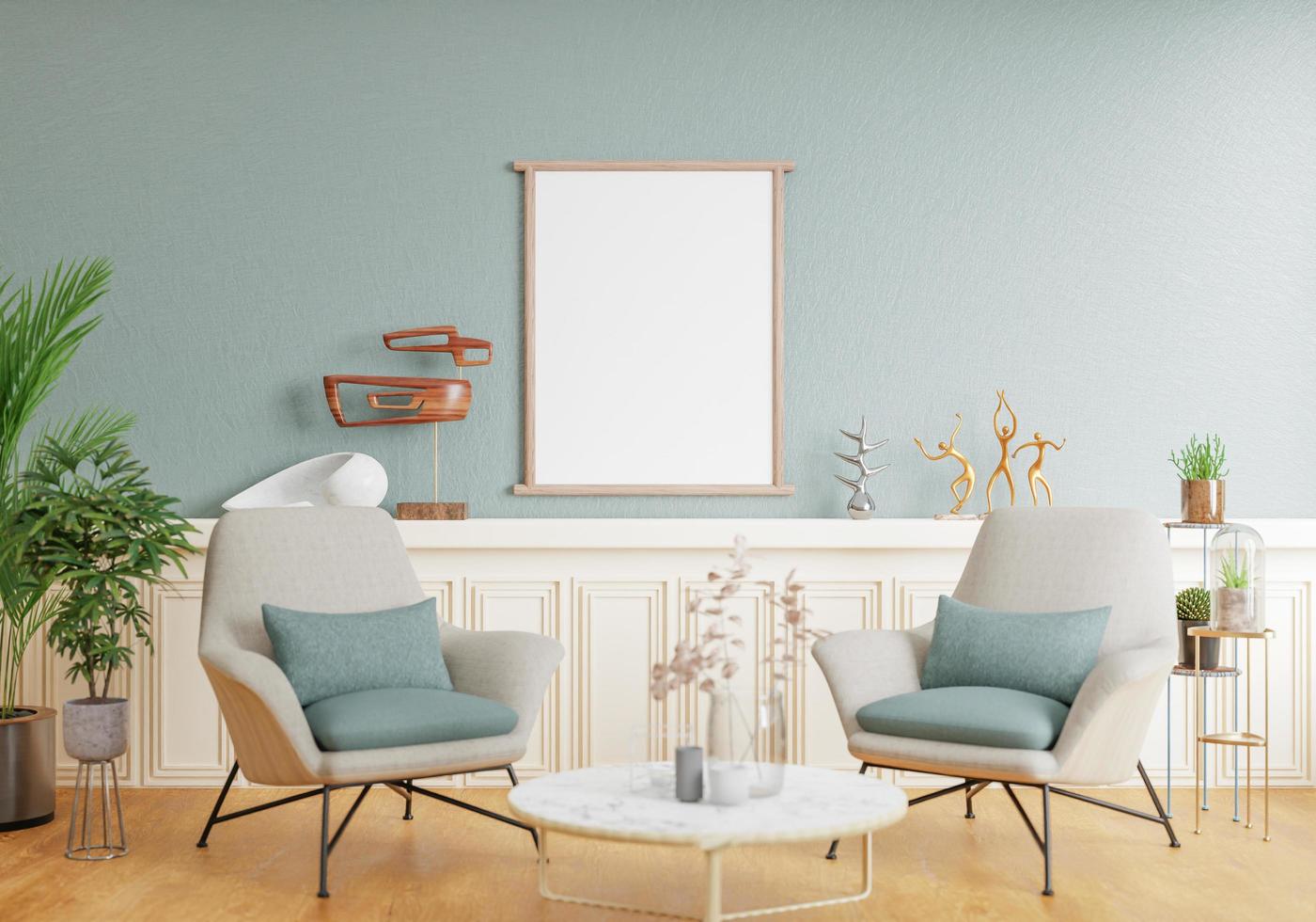 minimal interior style poster Mock up the living room wall. .copy space. 3D rendering. photo