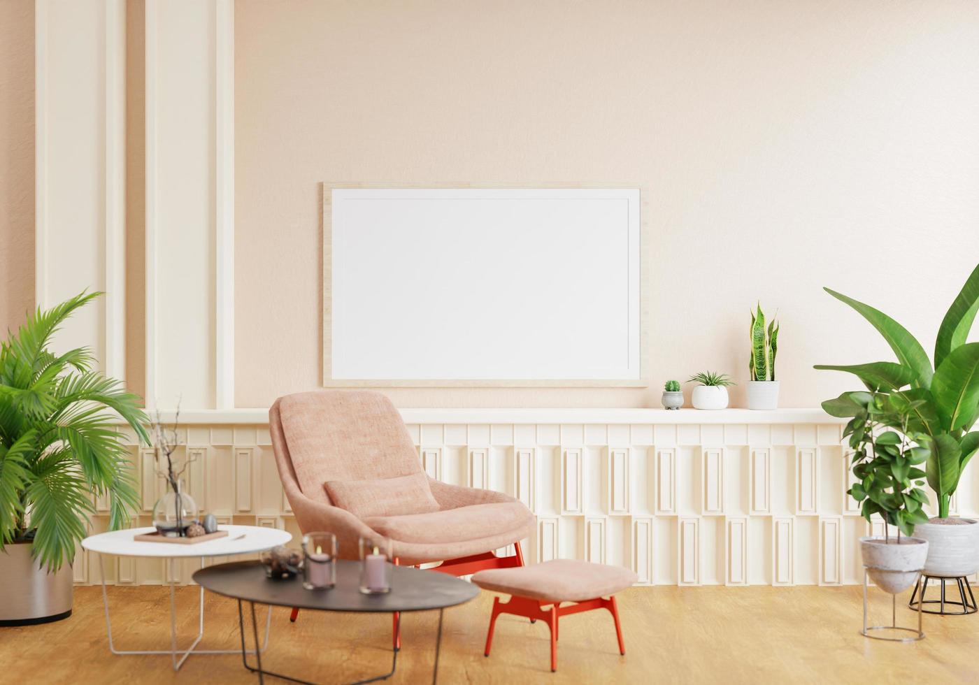 minimal interior style poster Mock up the living room wall. .copy space. 3D rendering. photo