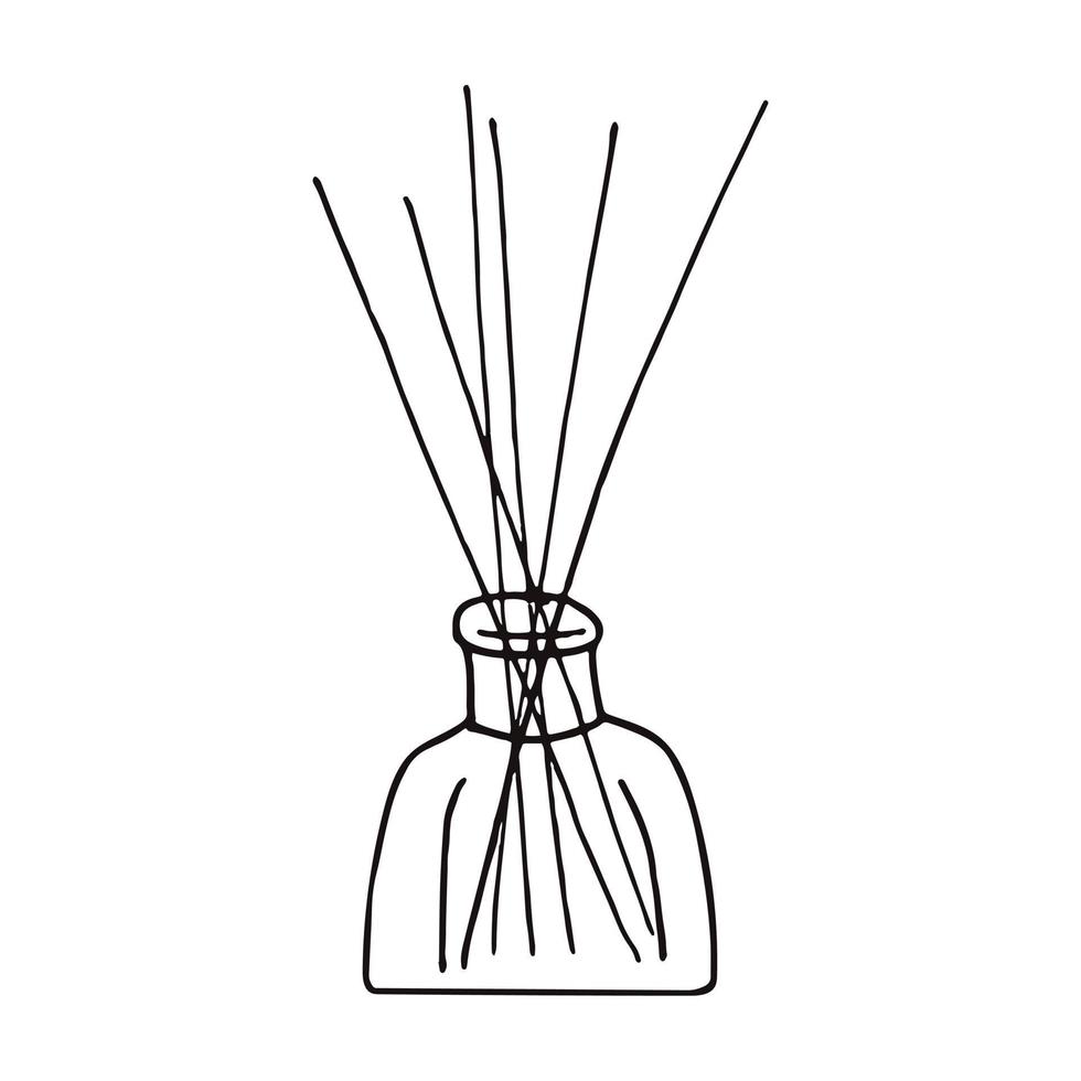 palos aromáticos en un difusor dibujado a mano en forma de garabato. , arte lineal, nórdico, escandinavo, minimalismo, monocromo. icono, etiqueta engomada de aromaterapia vector