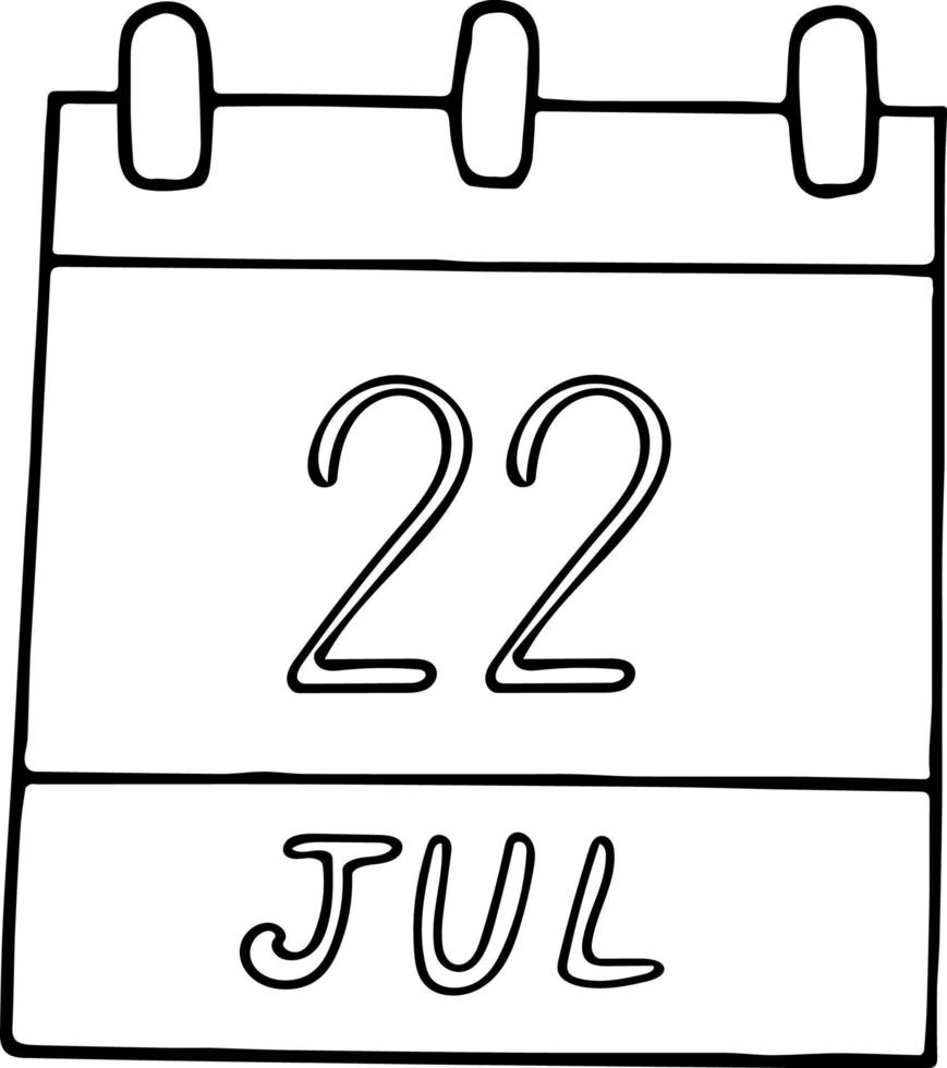 calendario dibujado a mano en estilo garabato. 22 de julio. día mundial del cerebro, fecha. icono, elemento adhesivo para el diseño. planificación, vacaciones de negocios vector