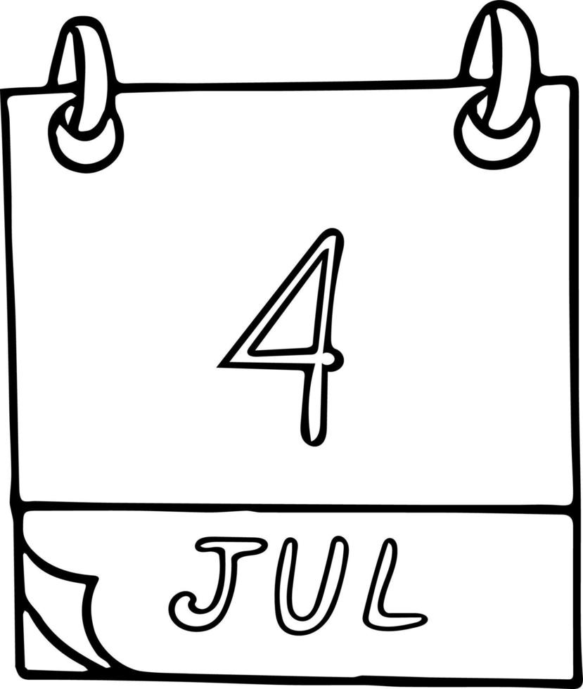 calendario dibujado a mano en estilo garabato. 4 de julio. día internacional de las cooperativas, independencia, fecha. icono, elemento adhesivo para el diseño. planificación, vacaciones de negocios vector