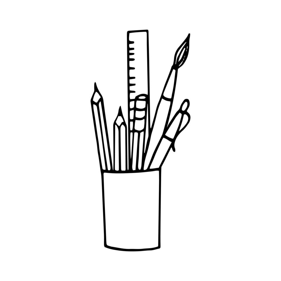 pencils, pen, brush ruler in a cup vector