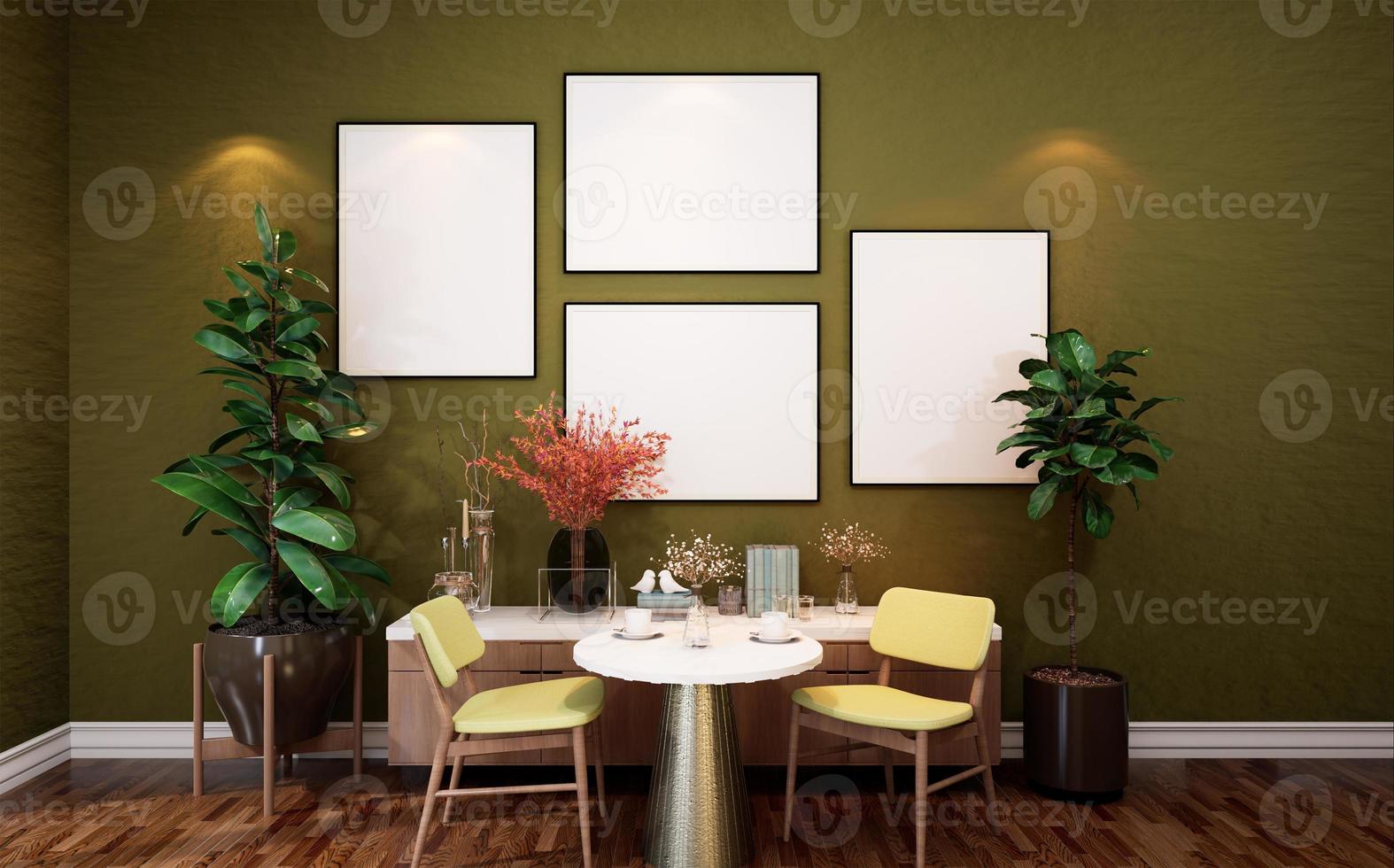 Stylish interior design of dining room with table chair, tropical plant in ceramic pot photo