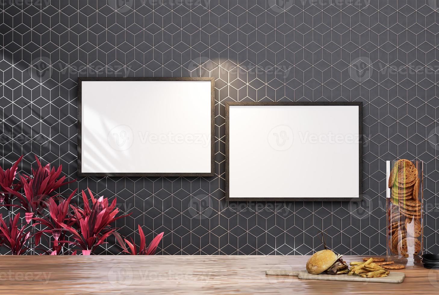 Empty room photo frame with black tile wall, interior background image.