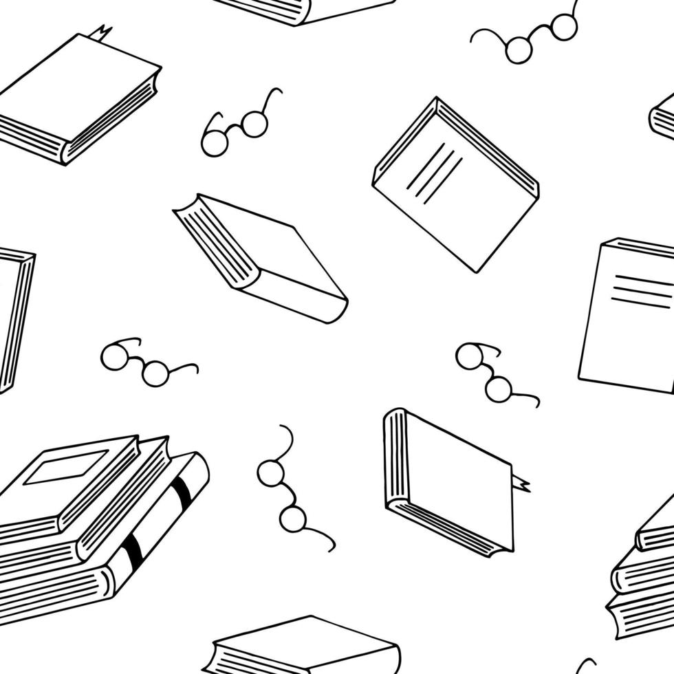 books and glasses seamless pattern hand drawn in doodle style. , minimalism, sketch. wallpaper, textile, wrapping paper, background reading education bookstore science vector