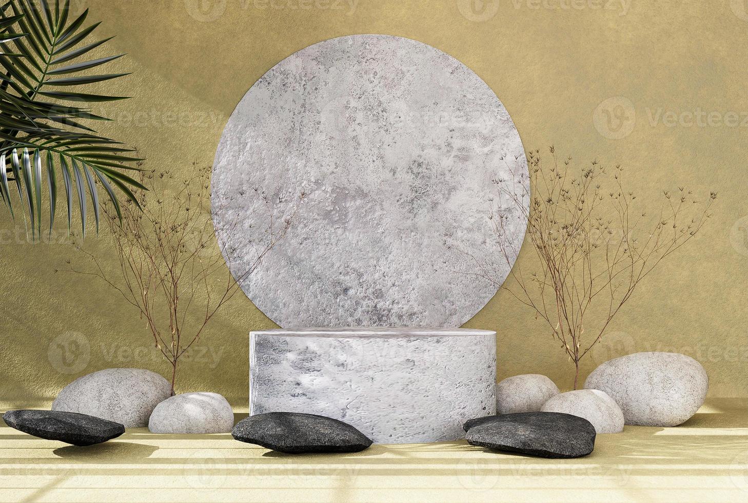 Product presentation podium with abstract background and stones among which grass grows. photo