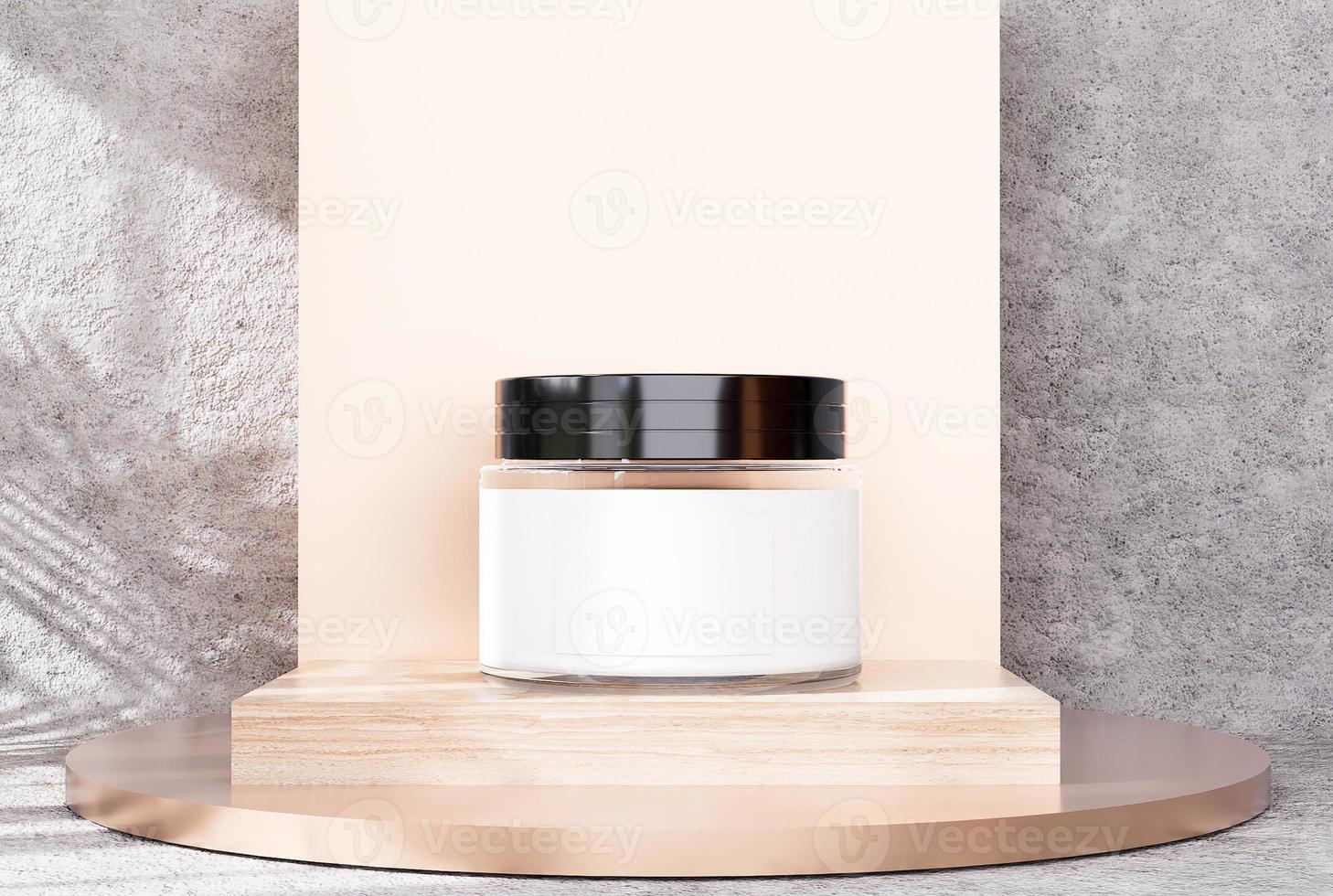 Mockup skin care product ads on wood stand and a marble stone background photo